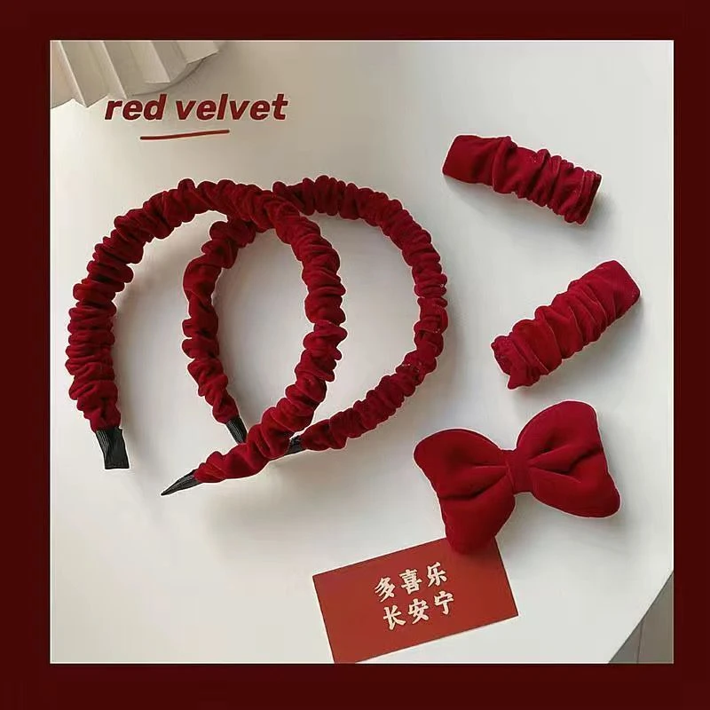 5个装新年丝绒红色褶皱发箍发夹女气质蝴蝶结发卡过年头饰套装