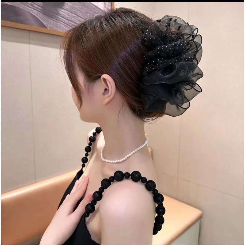 非金属布艺发饰 云朵波点抓夹撞色蝴蝶结发夹女后脑勺盘发鲨鱼夹