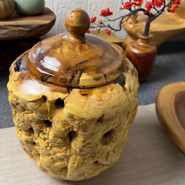 纯天然老树根手工制作工艺茶叶罐原木摆件