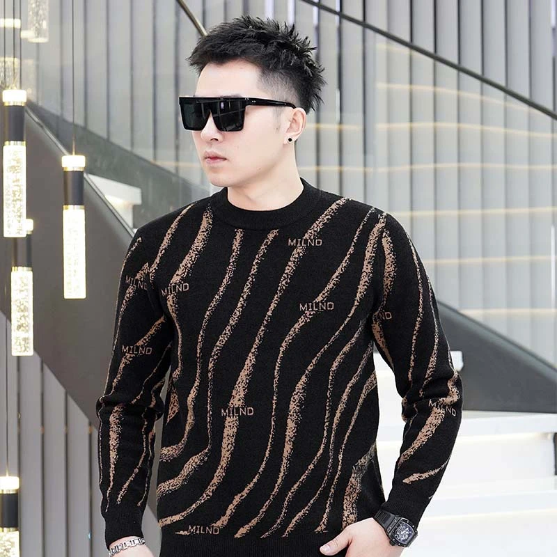 秋冬新款针织毛衣加厚欧货针织衫提花圆领百搭潮流高端男士打底衫