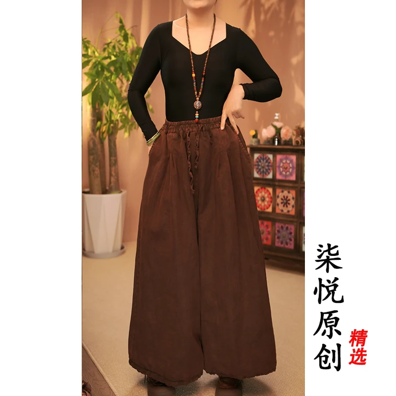 【柒悦】复古做旧炒色雨露麻松紧腰夹棉阔腿裤（裤长90臀围144）