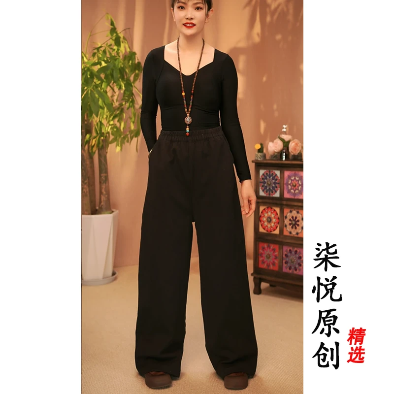 【柒悦】复古做旧斜纹亚麻松紧腰抽绳直筒裤（裤长100臀围110）