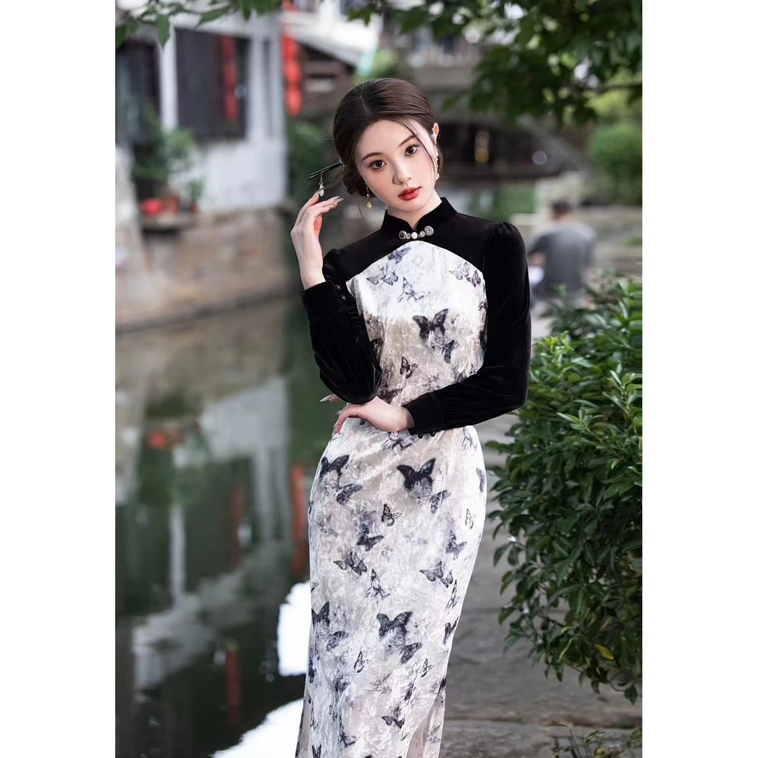 黑色高端正宗新中式中国风改良旗袍连衣裙年轻款小个子女装秋长款
