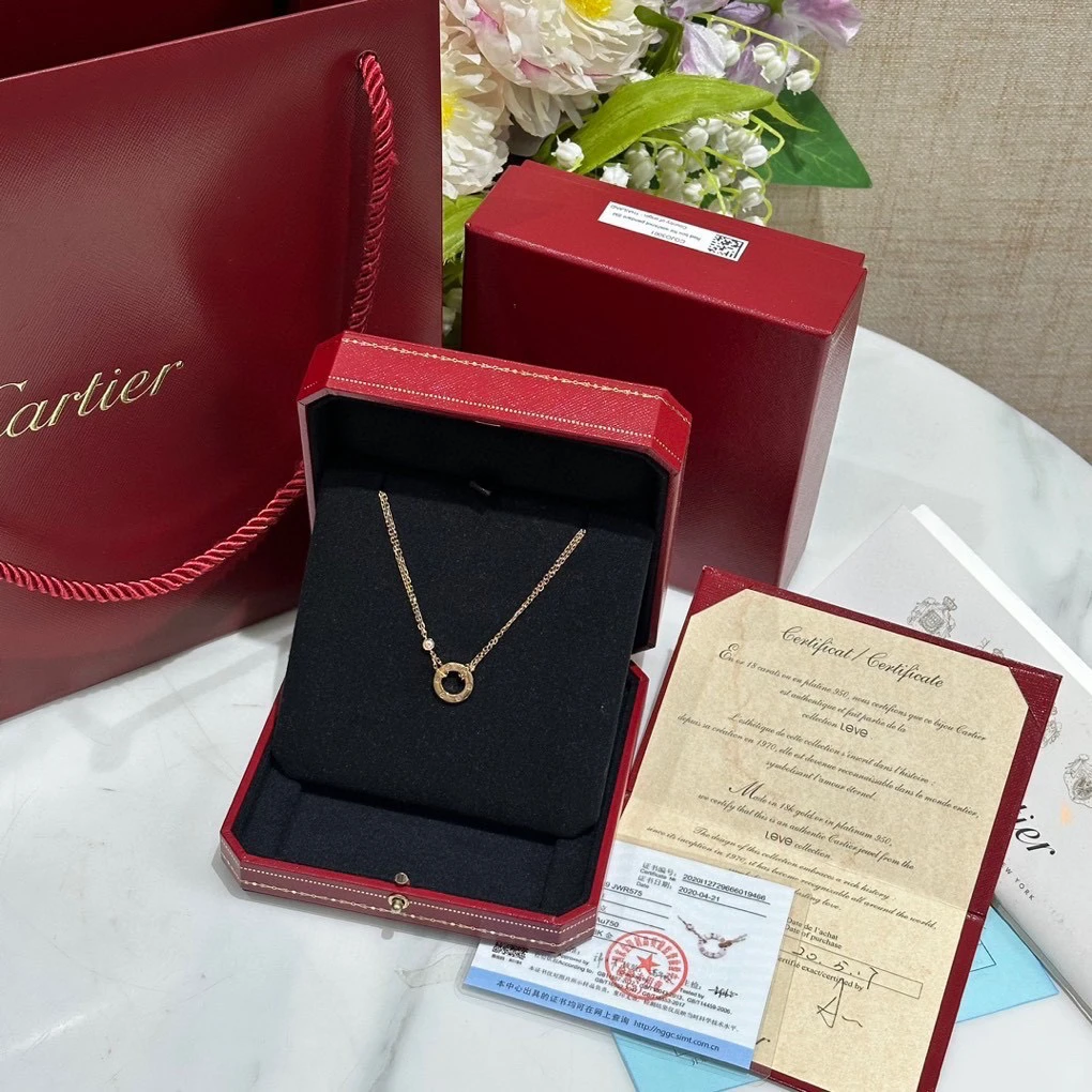 99新 Cartier/卡地亚 玫瑰金love双钻圆饼项链/货号2417033