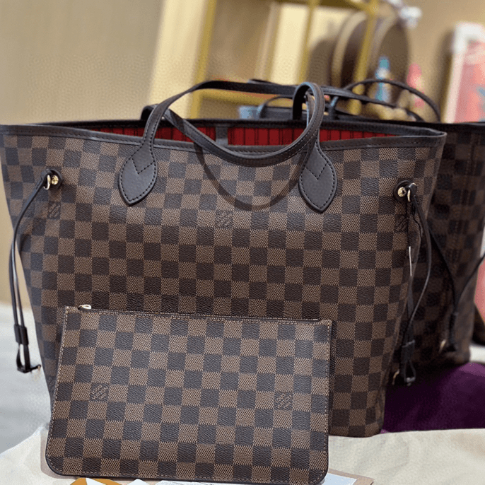 95新 LouisVuitton/路易威登 2412943 棕棋盘格neverfull中号包