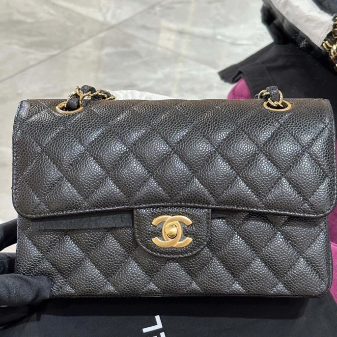 95新 Chanel/香奈儿 货号2417755 黑金荔枝cf小号单肩包 29开