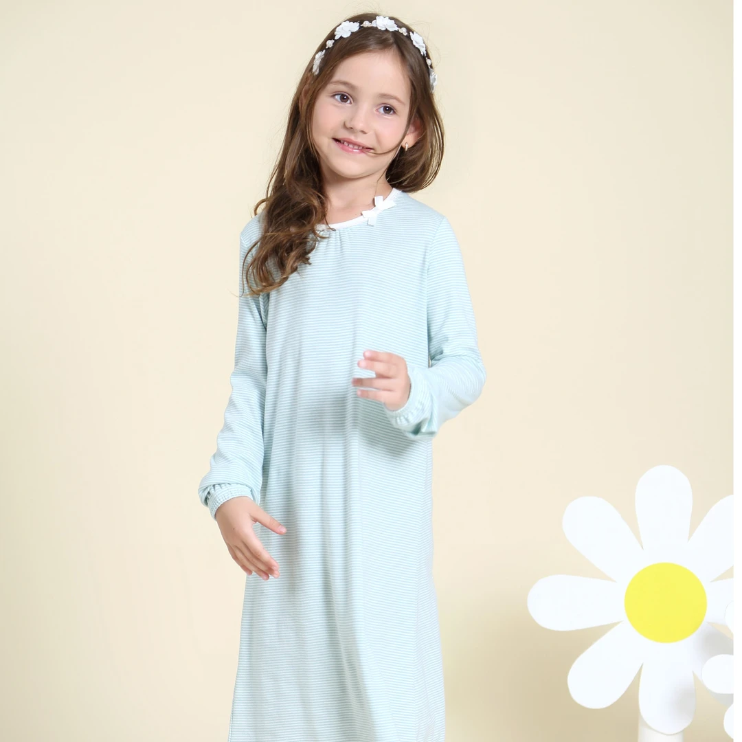 女童纯棉长袖纯棉睡裙中大童春秋冬长款连体家居服宝宝女孩条纹