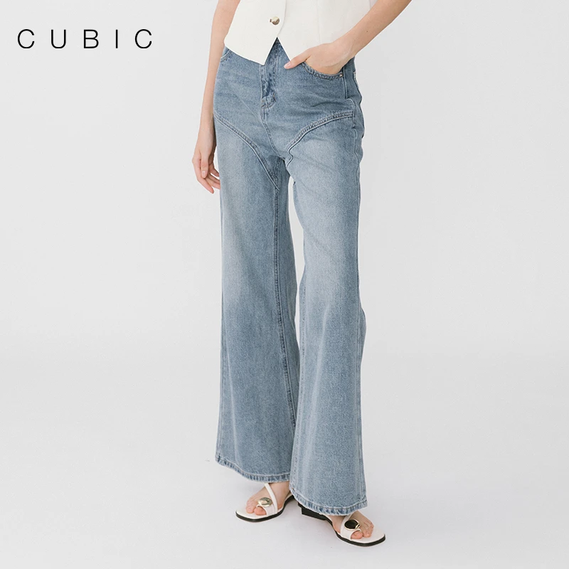 CUBIC  弧形拼接阔腿微喇牛仔裤休闲宽松高腰阔腿裤