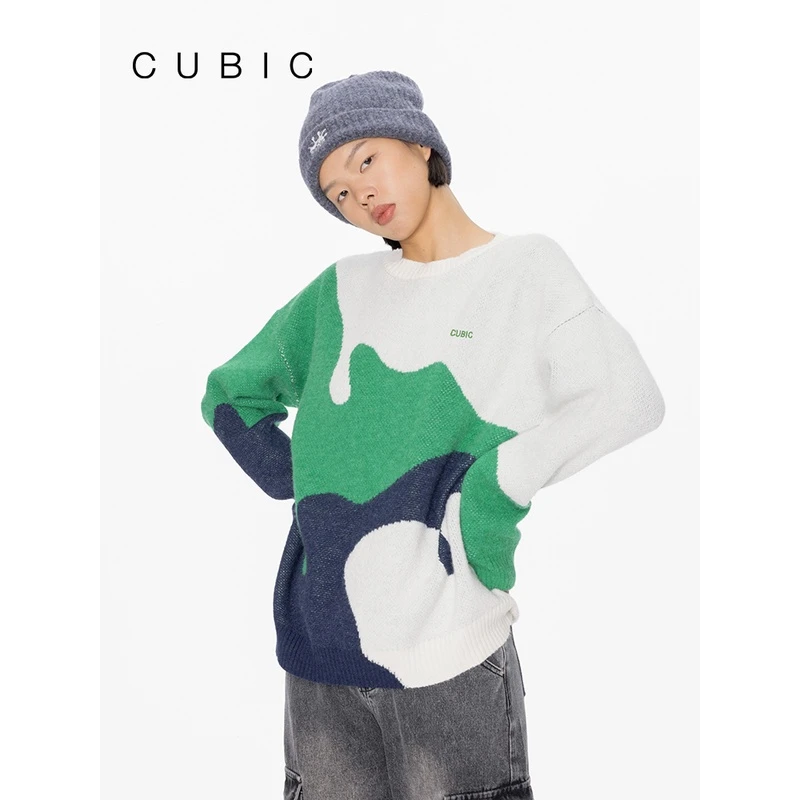 CUBIC圆领慵懒风撞色水滴拼接针织套头毛衣女