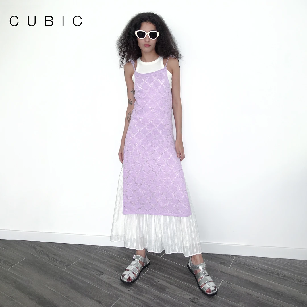 【明星同款】CUBIC复古气质暗纹针织提花舒适长款吊带连衣裙