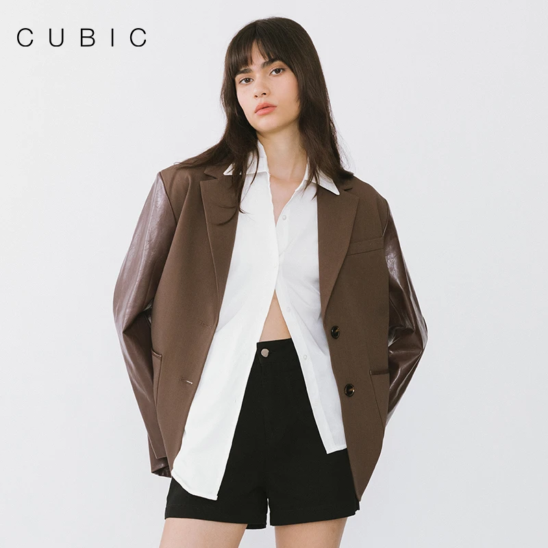 CUBIC  复古休闲宽松皮质拼接西装外套