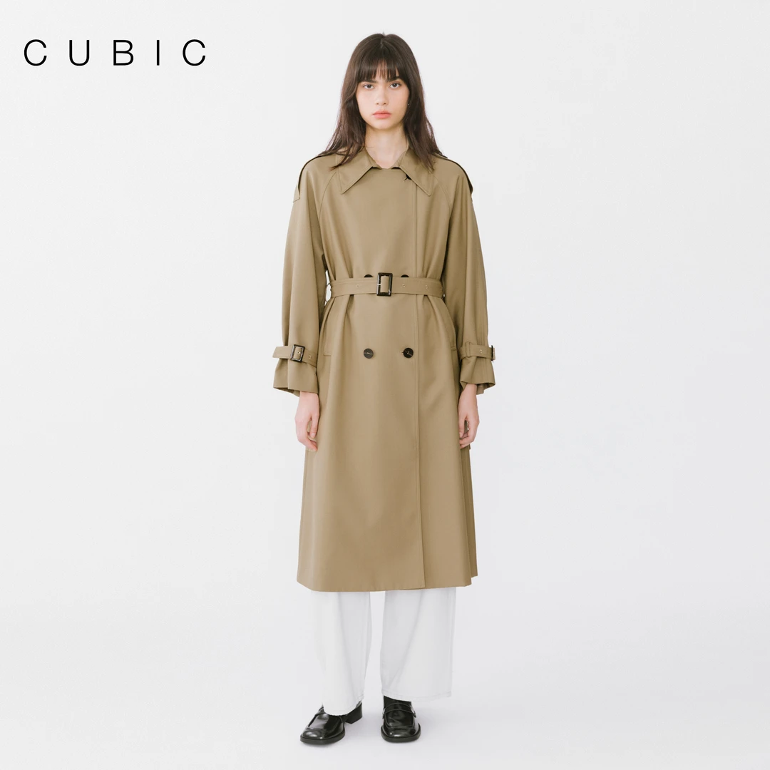 CUBIC 英伦往事 经典款双排扣翻领设计廓形卡其绿中长款风衣外套