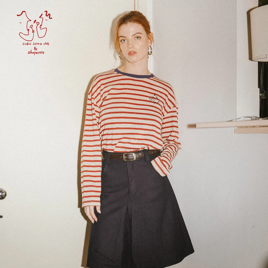 CUBIC【WINE CLUB】撞色条纹logo刺绣设计棉感落肩宽松百搭长袖T恤