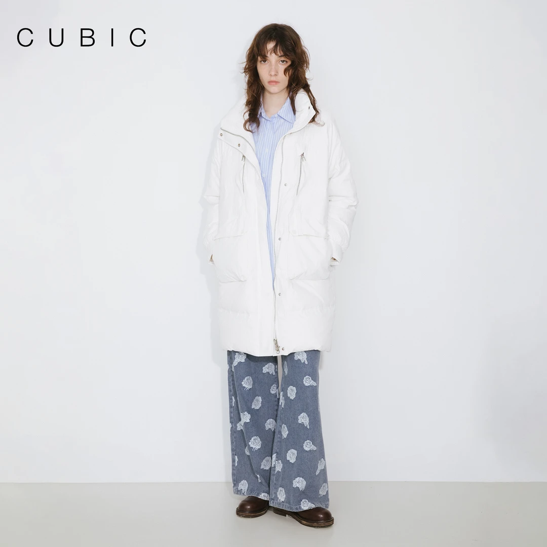 CUBIC 经典宽松纯色百搭直筒立领长款保暖羽绒服
