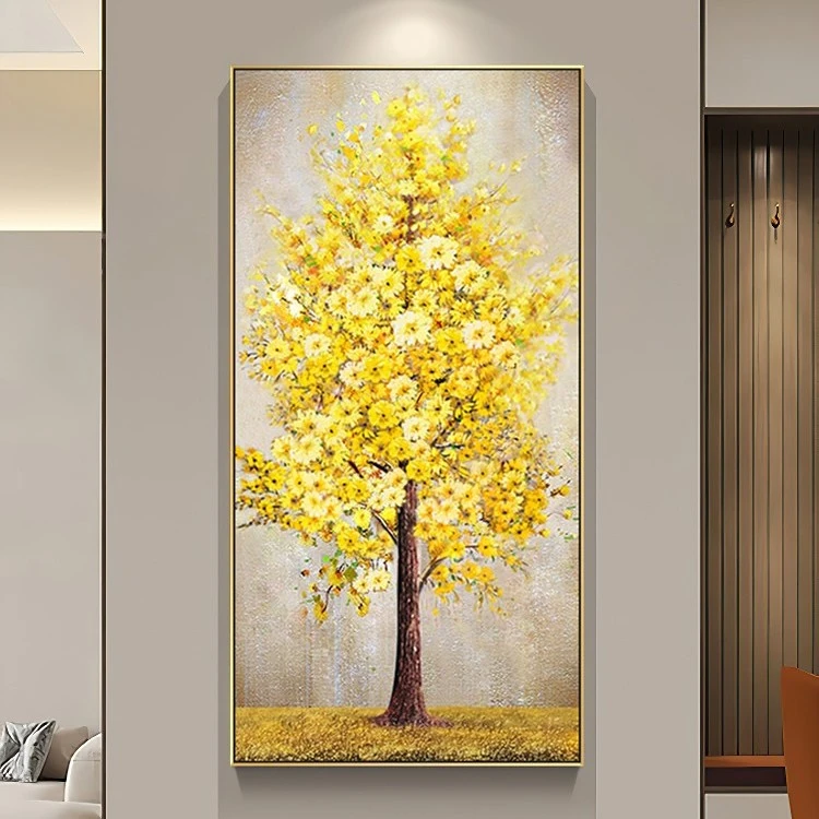 手绘油画《发财树》 玄关背景墙装饰画轻奢客厅挂画入户酒店壁画