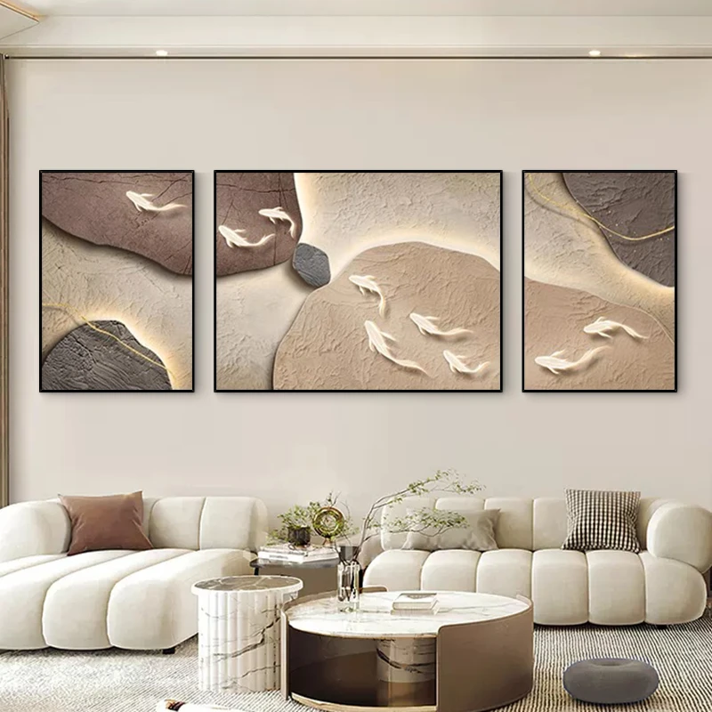 手绘油画九鱼图客厅装饰画三联沙发背景墙肌理画挂画简约轻奢壁画