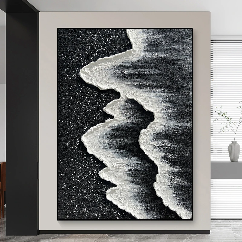 手绘油画《潮浪》玄关挂画客厅背景墙装饰画黑白灰抽象画立体壁画