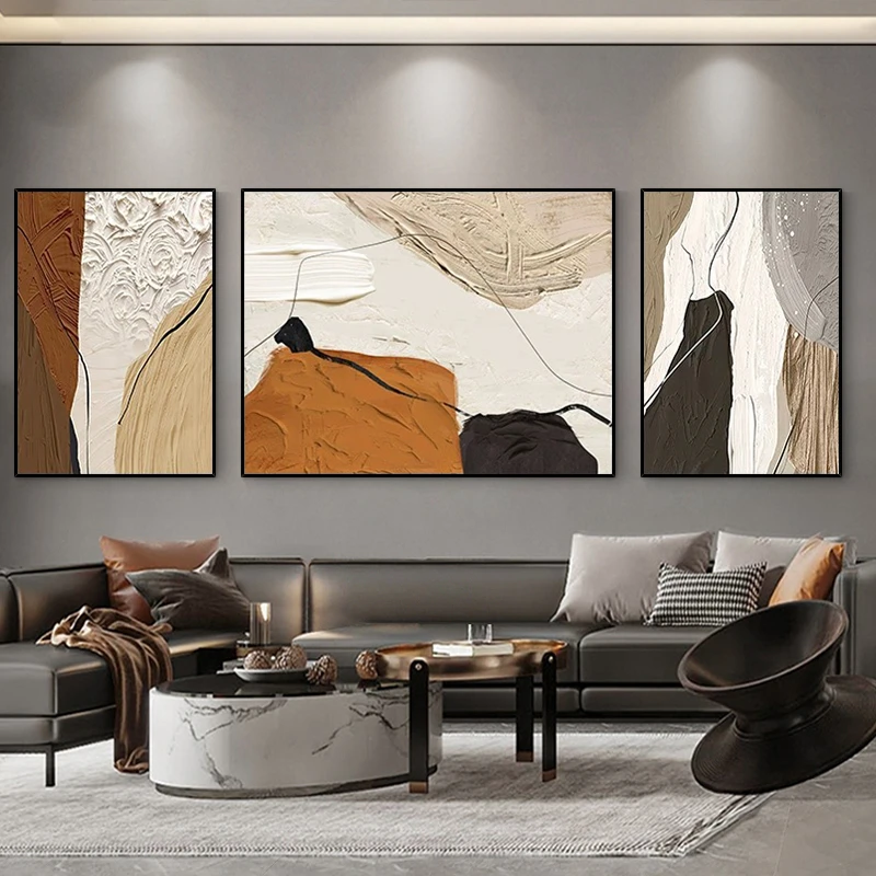 手绘油画《石梦》客厅三联沙发背景墙装饰画玄关挂画抽象黑白橙壁画