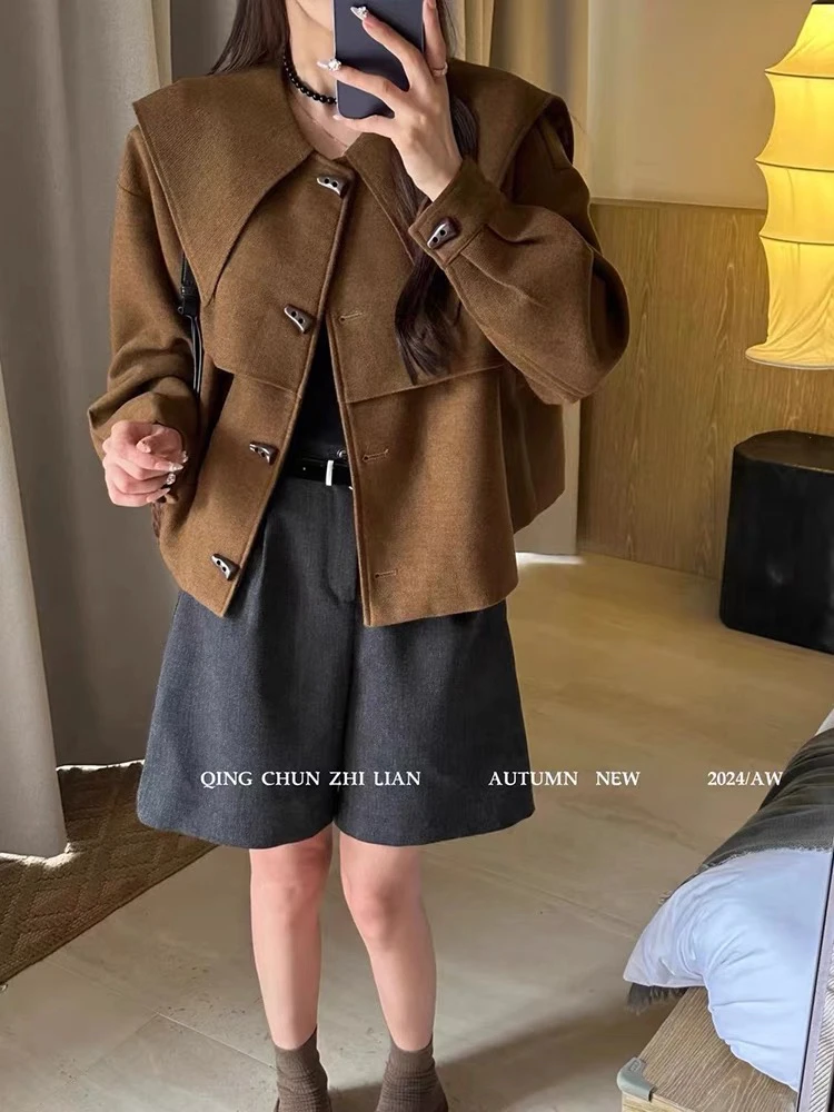 海军领牛角扣毛呢外套女欧洲站2024年秋季新款韩版时尚显瘦上衣潮