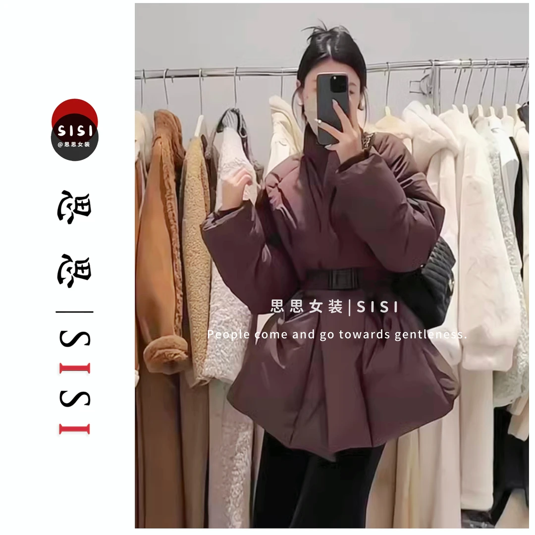 【SISI/思思】加厚冬季设计感美式收腰显瘦气质百搭腰带棉服外套