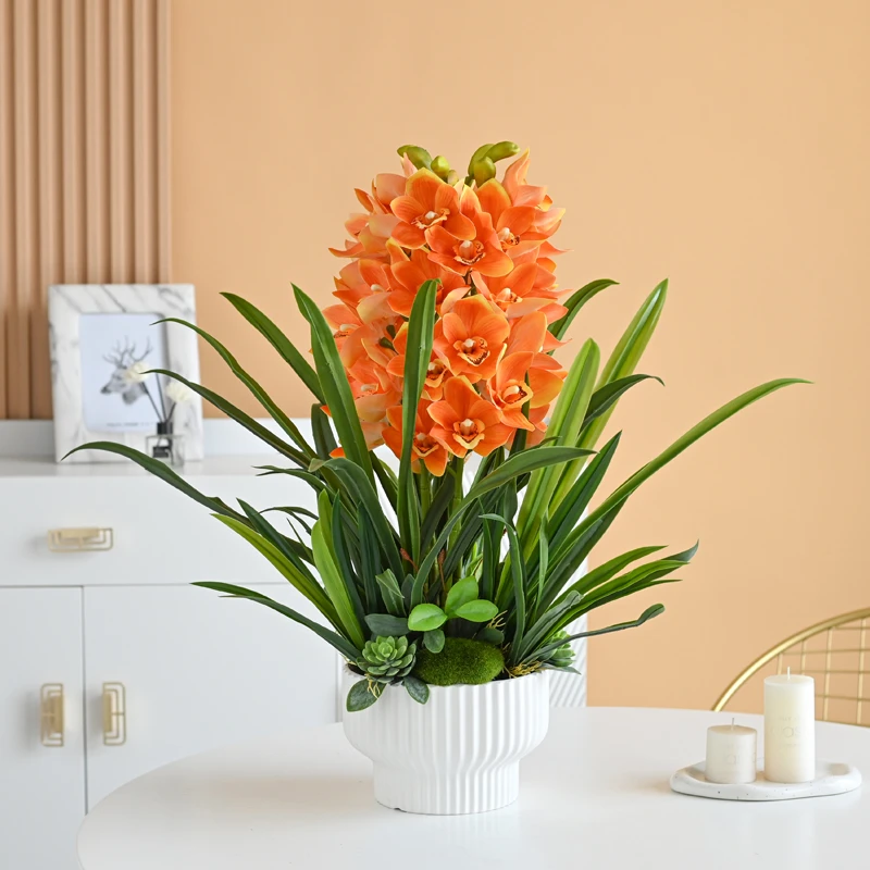 蕙兰仿真花 盆栽套装 客 厅玄关 假花 摆放花室内装饰