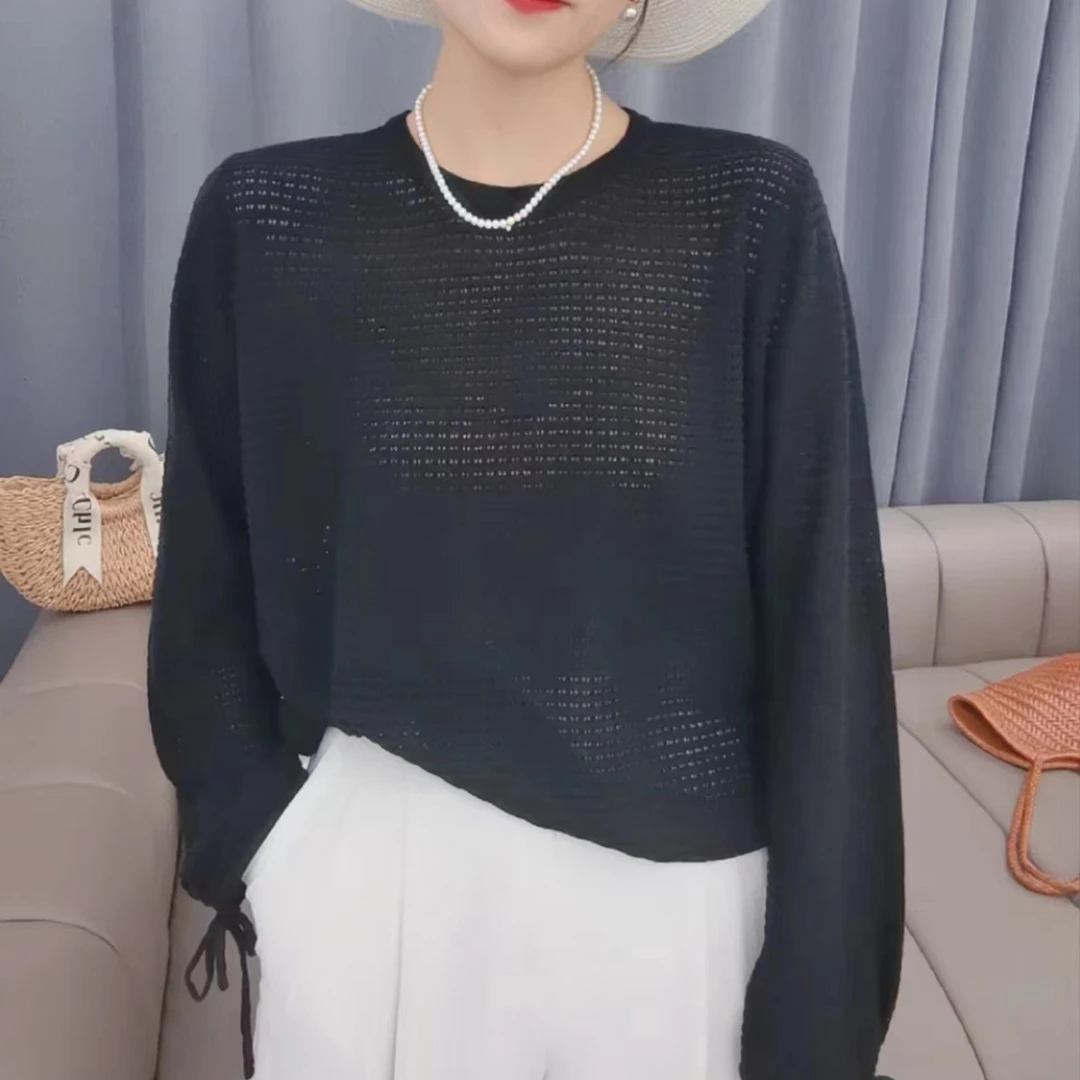 【岳姐姐专属】初秋薄款网眼镂空长袖系带纯色套头打底罩衫女5583