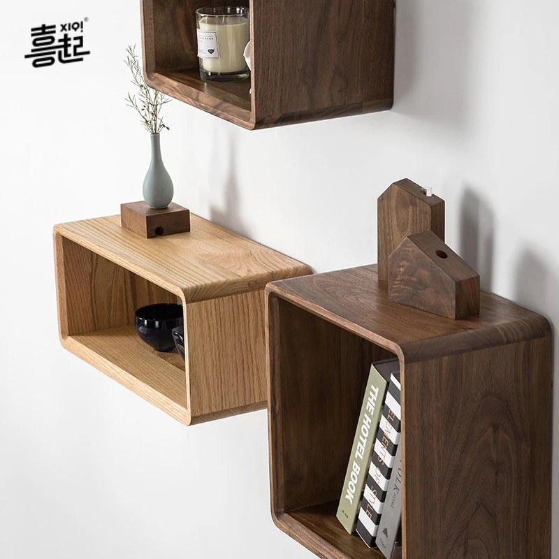 黑胡桃实木挂墙格子架 墙面置物架装饰壁挂书架书房客厅收纳格架