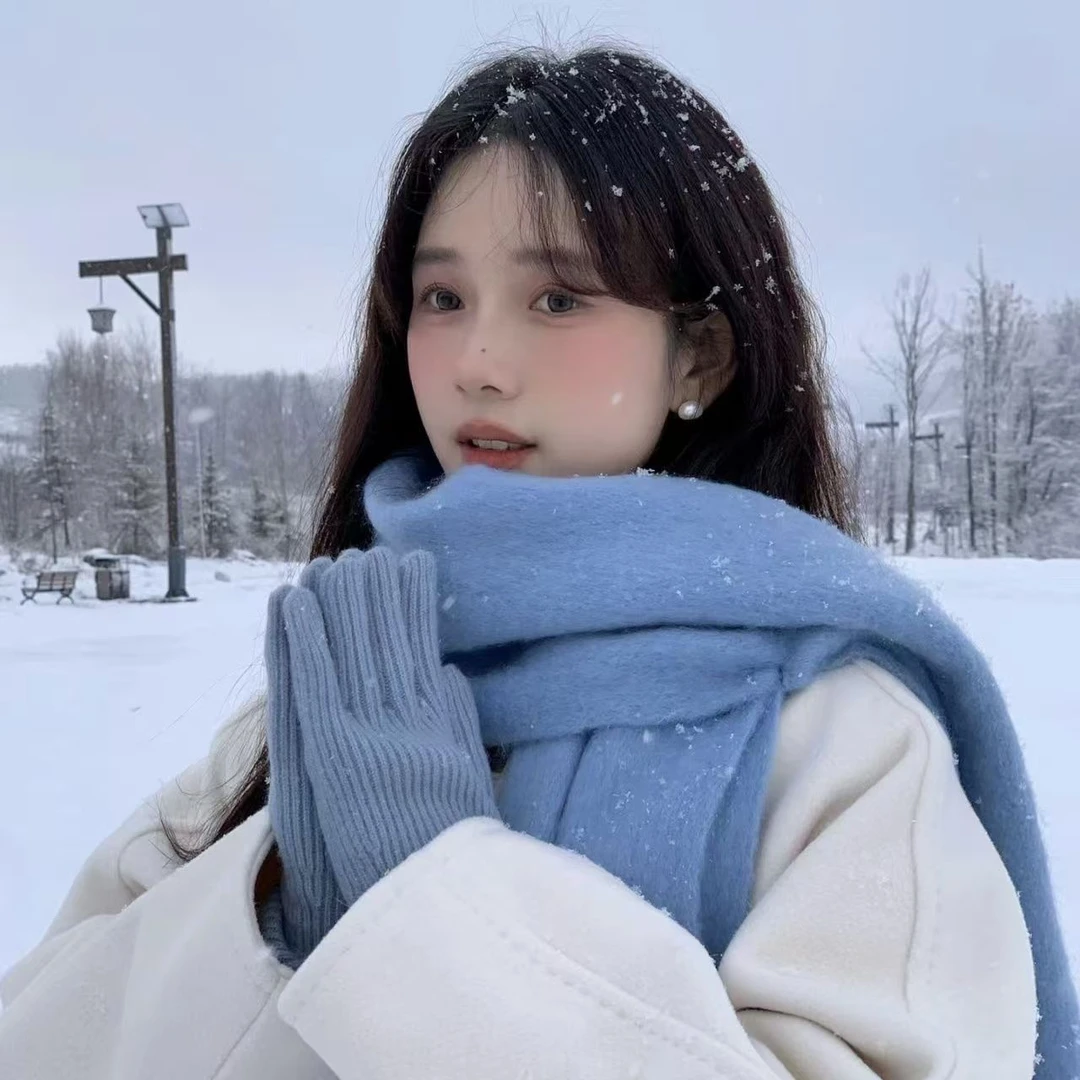 纯色加厚围巾2025冬季新款韩版ins冬天学生百搭披肩蓝色情侣围脖