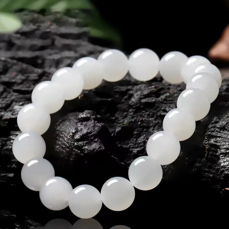 和田玉羊脂白玉手串白玉素圈单圈玉串男女款精美玉手链12 14 16mm