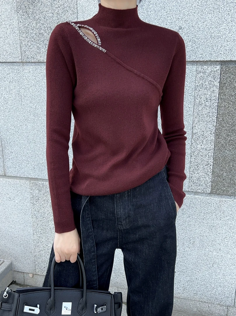 立领漏锁骨镂空小心机毛衣52113