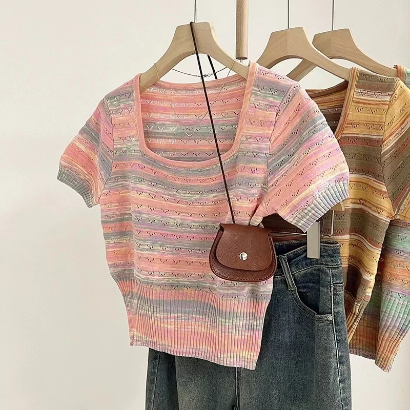 2024夏季新款短袖针织时尚百搭小众撞色设计感薄款短款显瘦休闲