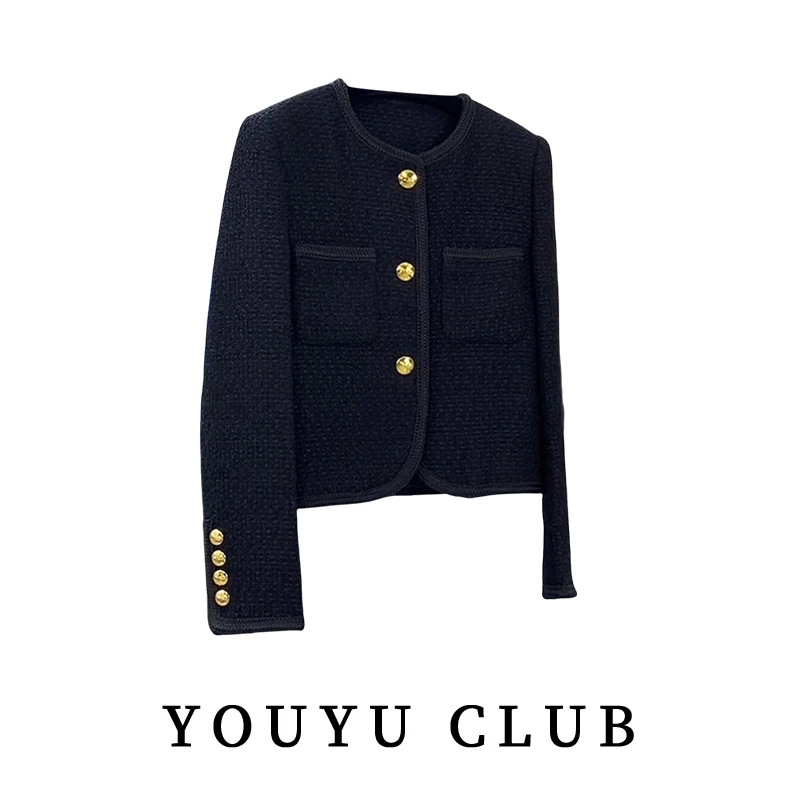 大码胖妹妹黑金高级感小香风外套女2025年春季新款短款粗花呢上衣