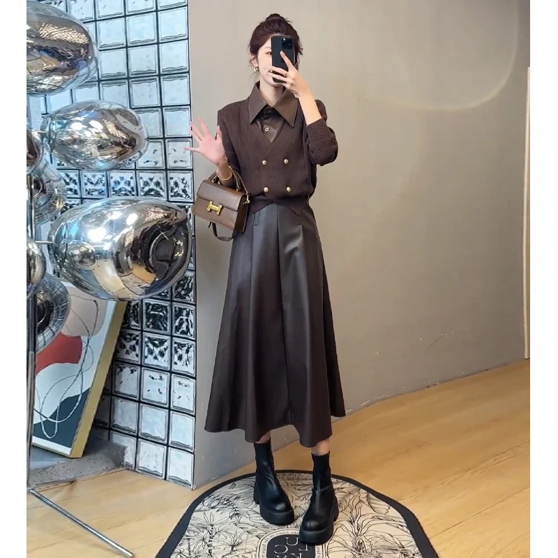 秋冬穿搭一整套气质高级感女装假两件翻领拼接针织衫半身裙两件套