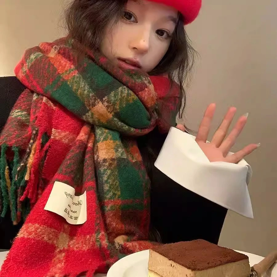红色围巾女秋冬季网红学生韩版百搭格子新年礼物加厚保暖情侣围脖