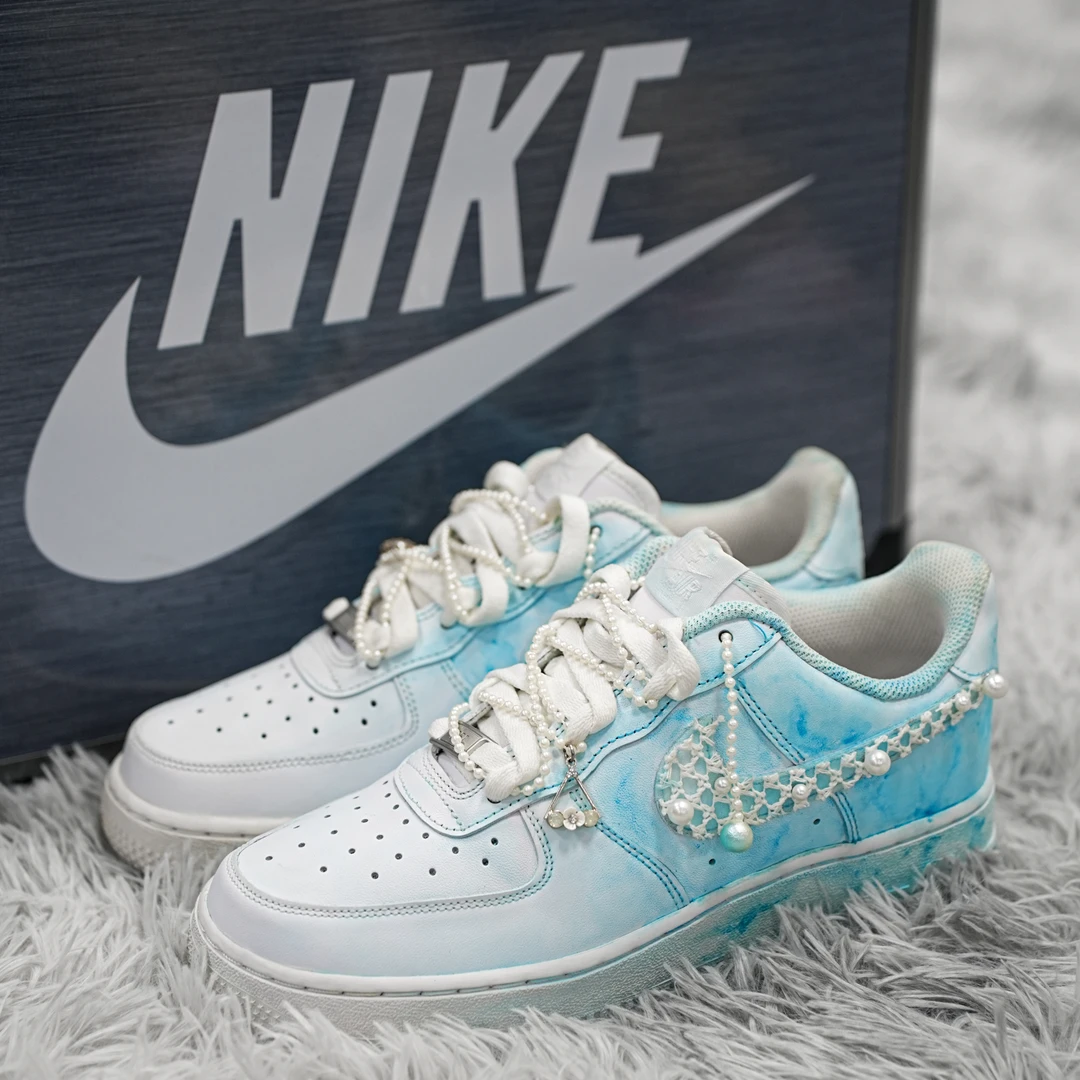 【定制球鞋】 Nike AF1 空军一号水蓝珍珠渲染防滑低帮板鞋浅蓝色