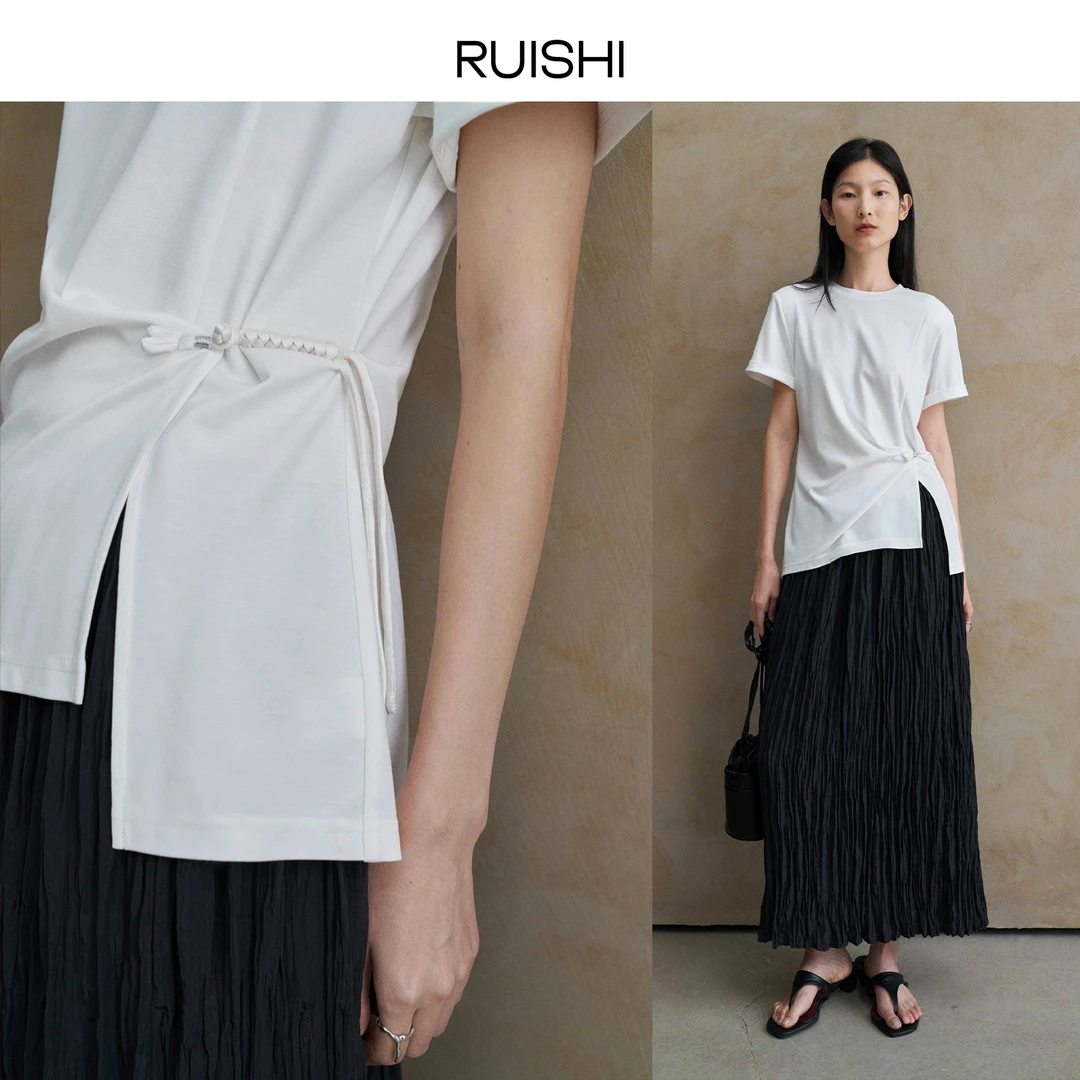 RUISHI芮时新中式盘扣设计垫肩上衣显瘦圆领短袖女t恤R24B118203