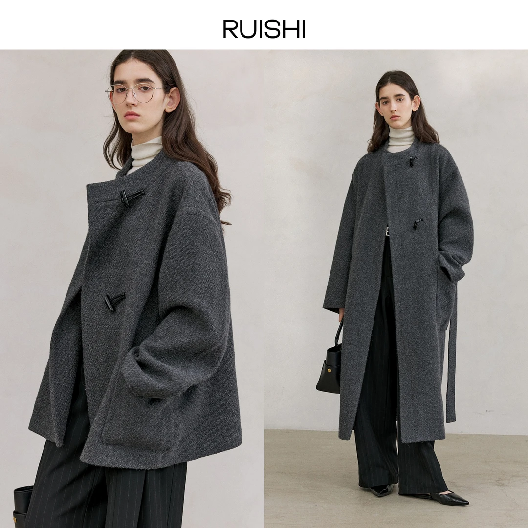 【DB】RUISHI 芮时偏门襟立领长短款毛呢大衣外套女秋冬