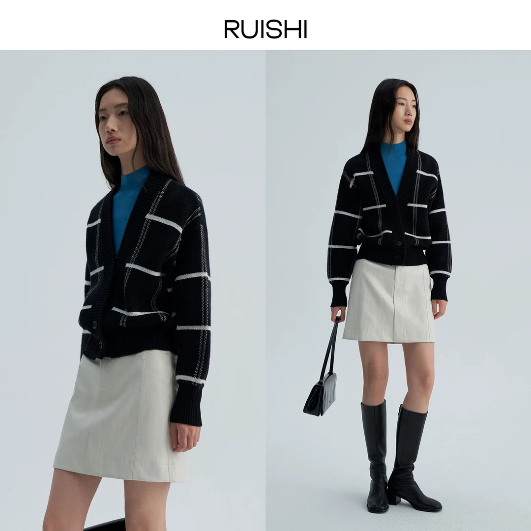 RUISHI芮时 羊毛混纺立体提花复古黑白格子v领毛衣开衫女秋冬上衣