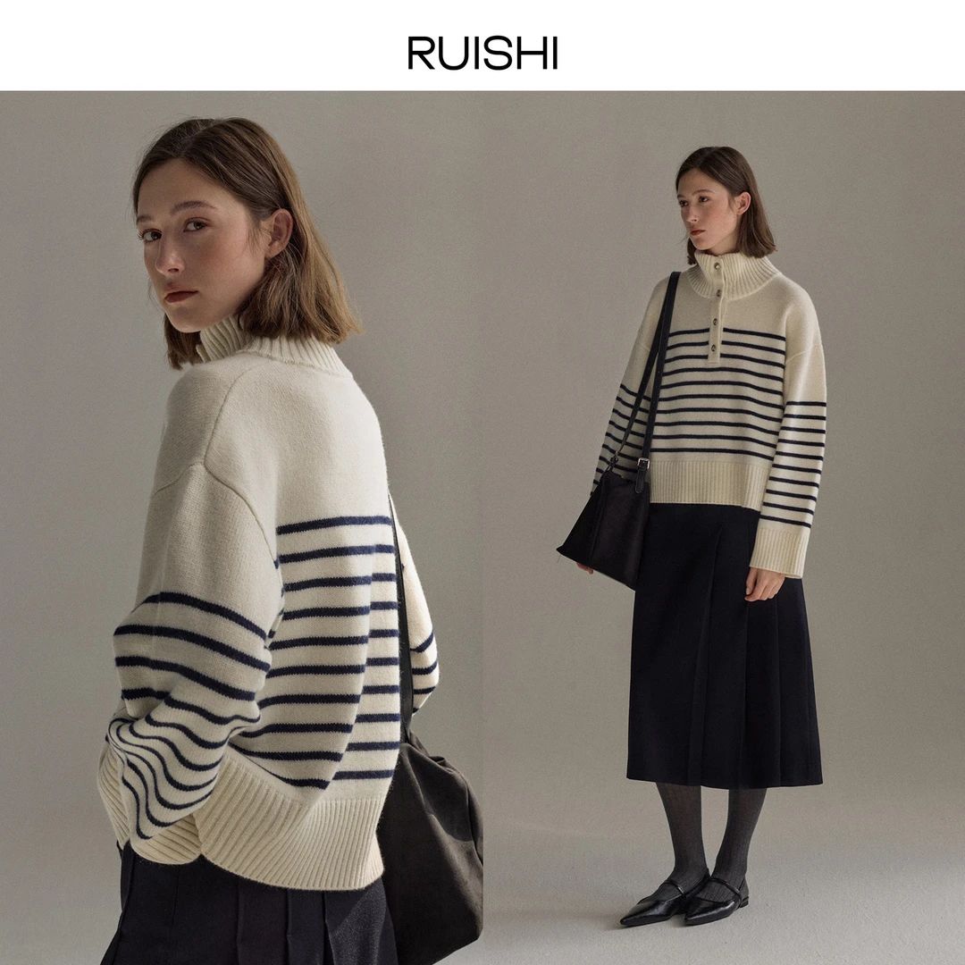 【DB】RUISHI芮时知识分子100绵羊毛立领显瘦条纹毛衣女R24D107810