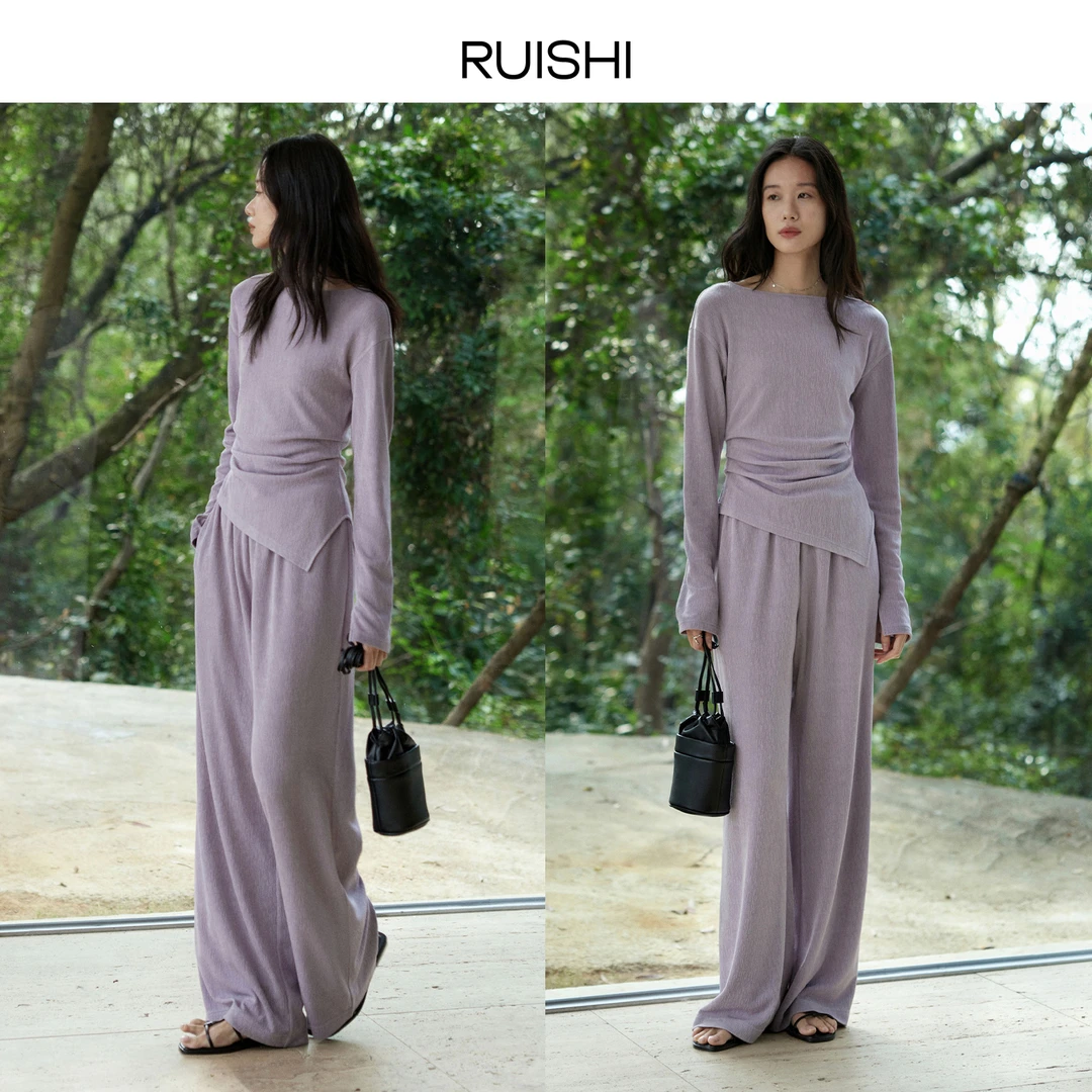 RUISHI芮时可机洗醋酸空气裤两穿一字领显瘦t恤上衣套装女春夏