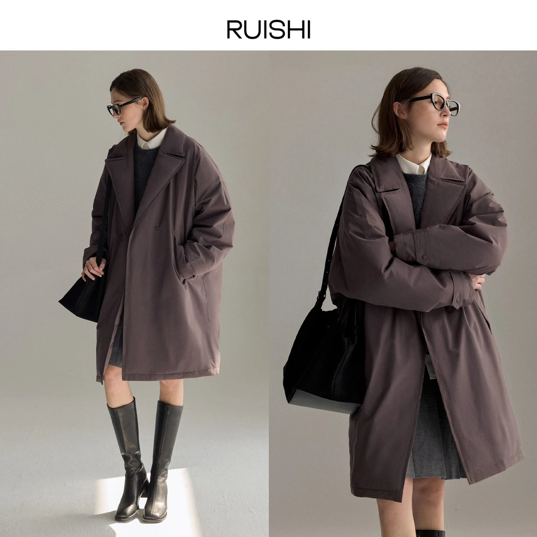 RUISHI芮时茧型90白鸭绒大廓形翻领中长款羽绒服女秋冬R24D109203