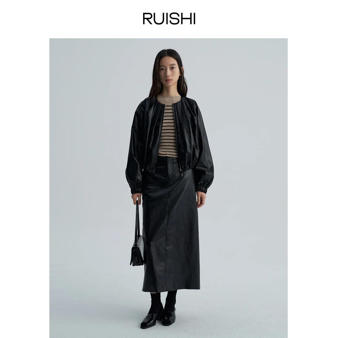 RUISHI芮时 造型穿搭随性圆领叠褶拉链夹克时髦pu皮衣