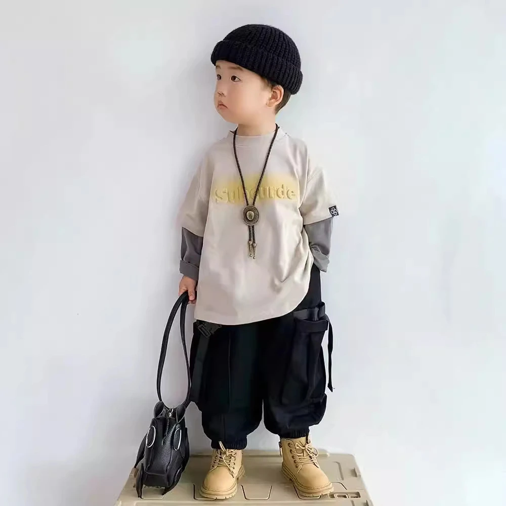 儿童长袖T恤潮假两件立体春秋男童字母撞色洋气休闲T中大童装打底