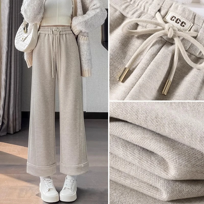 高腰松紧腰阔腿裤女宽松2024秋冬新款杏色羊绒毛呢九分直筒休闲裤