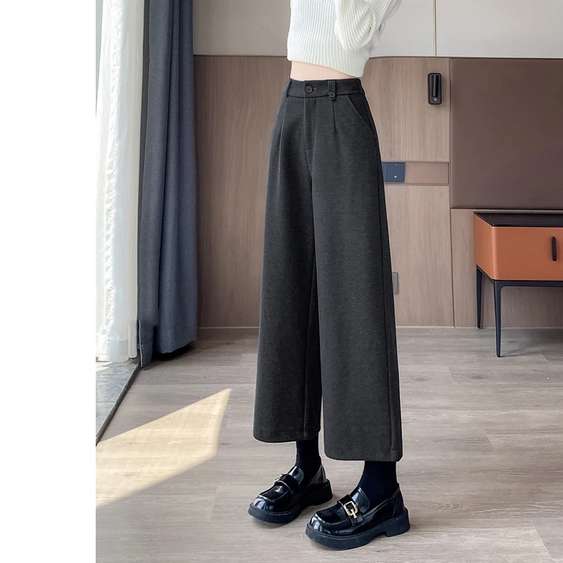 毛呢裤子女黑灰色直筒裤2025新款秋冬季九分小个子加绒窄版阔腿裤