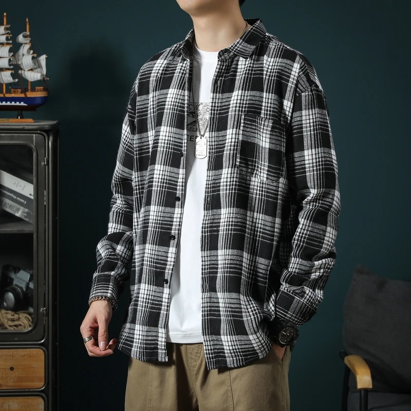 美式休闲基础款大格子休闲衬衫男士春秋款长袖衬衣打底衫青年帅气