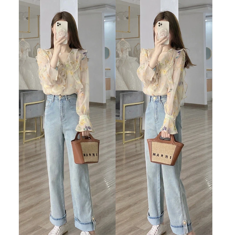 印花别致碎花衬衫女夏法式小众高气质小个子衬衣薄款长袖雪纺上衣