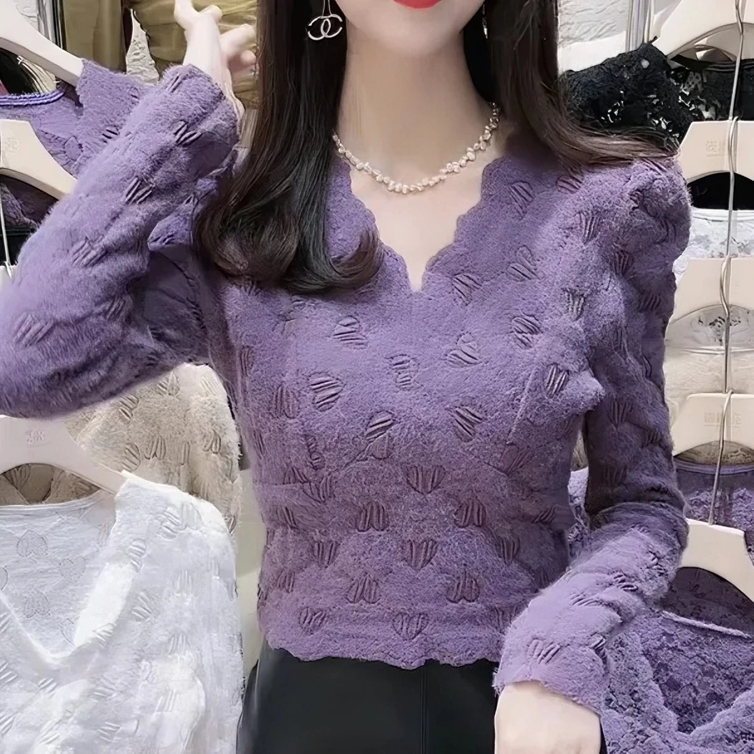 蕾丝打底衫女2024秋冬季新款韩版磨毛泡泡袖修身显瘦小衫上衣长袖