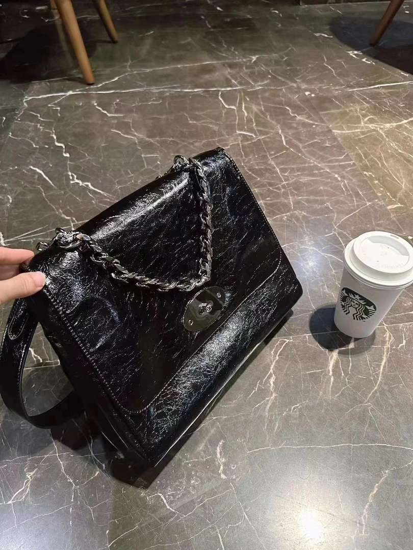 如一  2023新款油蜡皮时尚女士单肩斜挎包包通勤大容量气质链条包