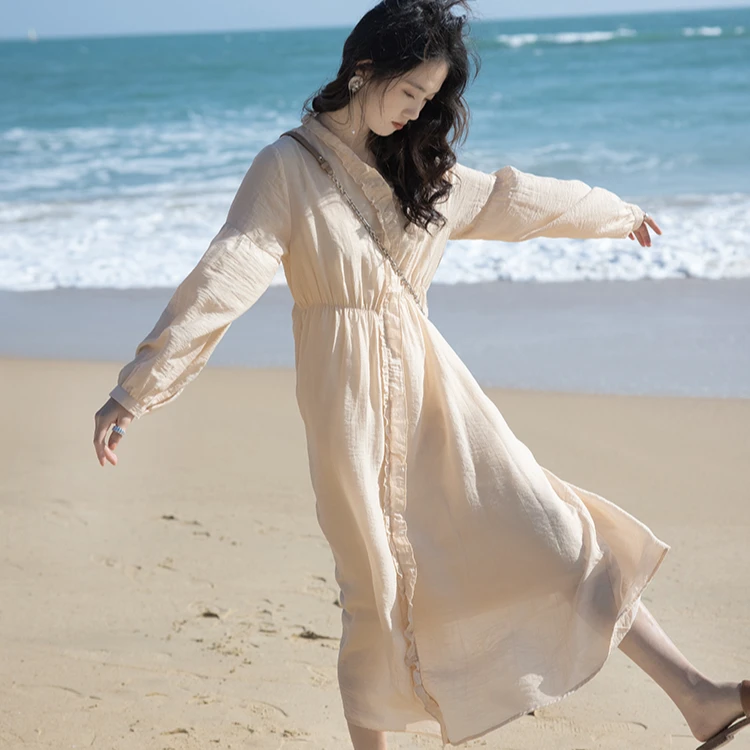 CHACHASTU复古荷叶边茶歇连衣裙女春季宽松显瘦蓝色长袖裙子 H772